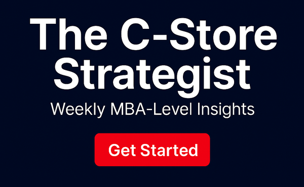 Header graphic for The C-Store Strategist featuring bold white text on a navy background with tagline “Weekly MBA-Level Insights” and a red Get Started button.